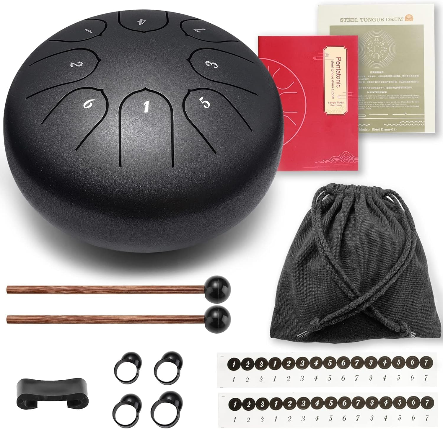Steel Tongue Drum 6 Inch 8 Notes Hand Drums with Bag Sticks Music Book, Sound Healing Instruments for Musical Education Entertainment Meditation Yoga Chakra - Black image number 2