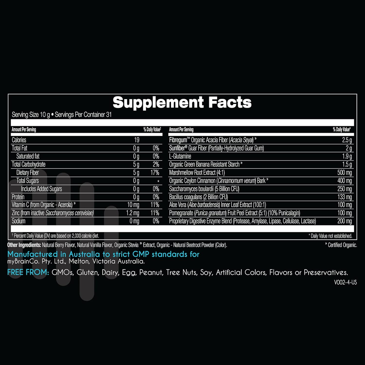 Mybrainco Gut Repair - Gut Health & Digestion Supplement for IBS, Bloating, Reflux and Leaky Gut - Low-Fodmap Certified with Probiotics, Prebiotic Fibre, Digestive Enzymes, L Glutamine, Marshmallow Root & More - Promotes a Healthy Microbiome & Optimal Digestive Health - Natural Berry - Powder (310 G) image number 6