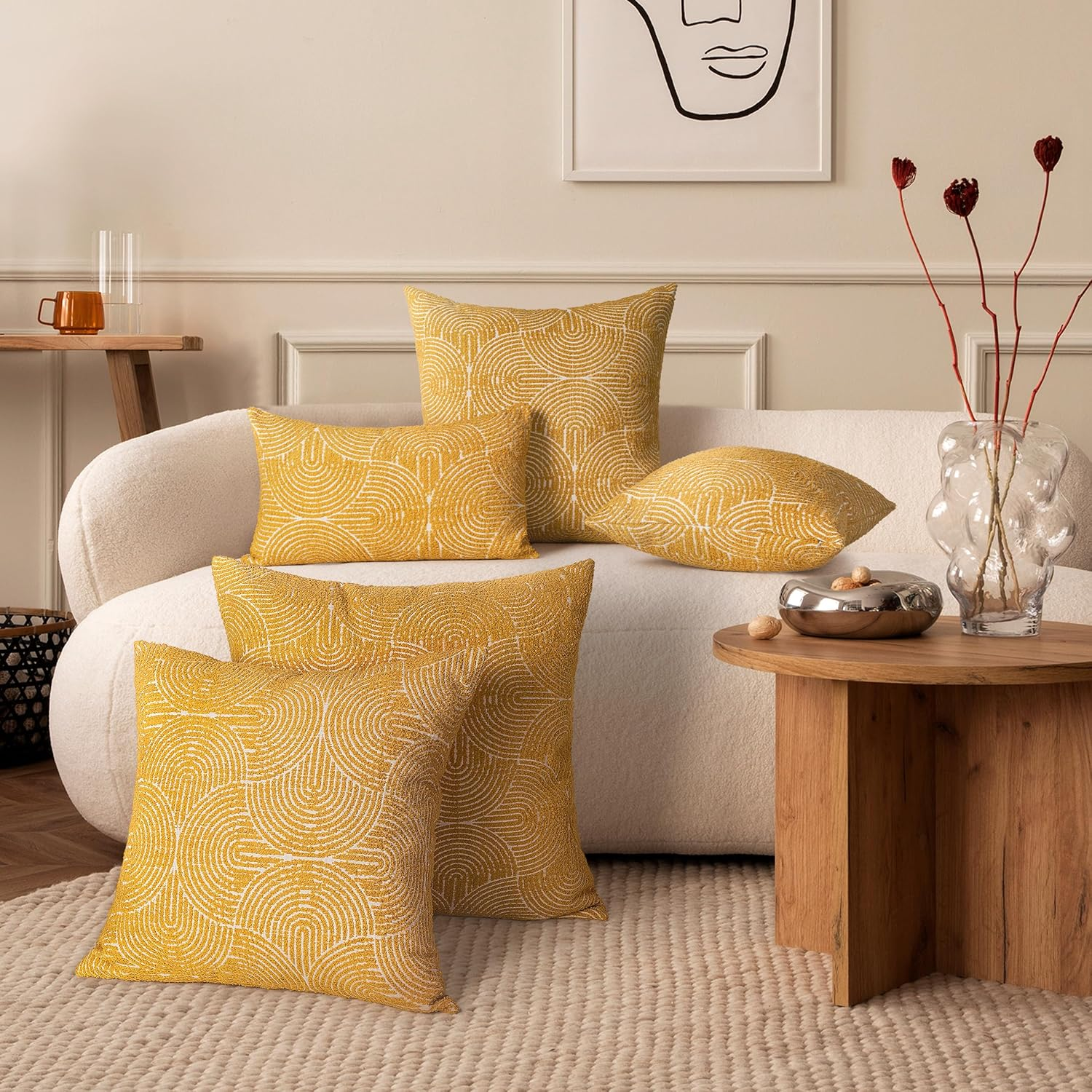 AELS Boho Decorative Textured Throw Pillow Covers 12X20, Organic Modern Mid Century Rainbow Tufted Pillow Case, Farmhouse Rustic Geometric Woven Cushion Case for Bed Couch Sofa, Mustard Yellow