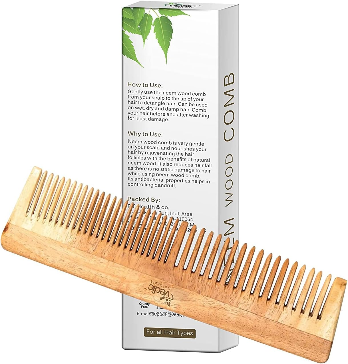 Vedic Naturals 100% Pure & Natural Neem Wood Comb Promotes Hair Growth Reduces Hair Fall & Control Dandruff Wide & Thin Teeth image number 2