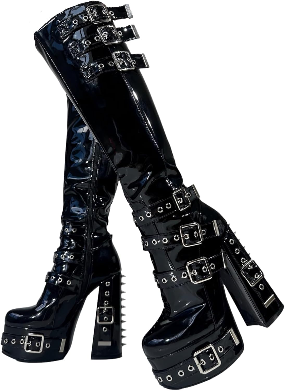 Frankie Hsu Goth Sexy Chunky Platform Knee High Heeled Boots, Black Patent Silver Rivets Multi Buckle Gothic, Punk Y2K Hot Girl Big Large Size Wide Calf Shoes for Women Men image number 1
