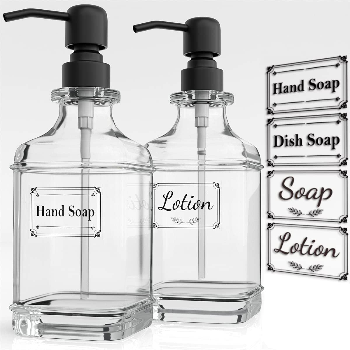 Soap Dispenser 2 Pack, 18 Oz Antique Design Thick Glass Hand Soap Dispensers with 304 Rust Proof Stainless Steel Pump 4 Clear Stickers for Bathroom Kitchen image number 5