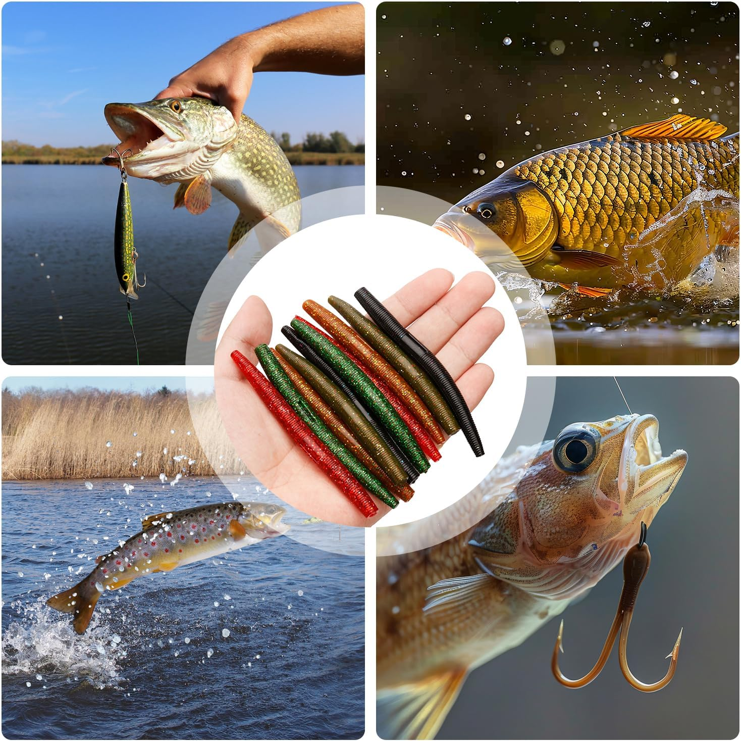 30Pcs Wacky Worm Soft Fishing Lures, 3.94In Bass Fishing Lures Rubber Stick Baits 5 Colors Bass Fishing Lures Soft Plastic Stick Worm for Bass Freshwater Saltwater Fishing image number 5