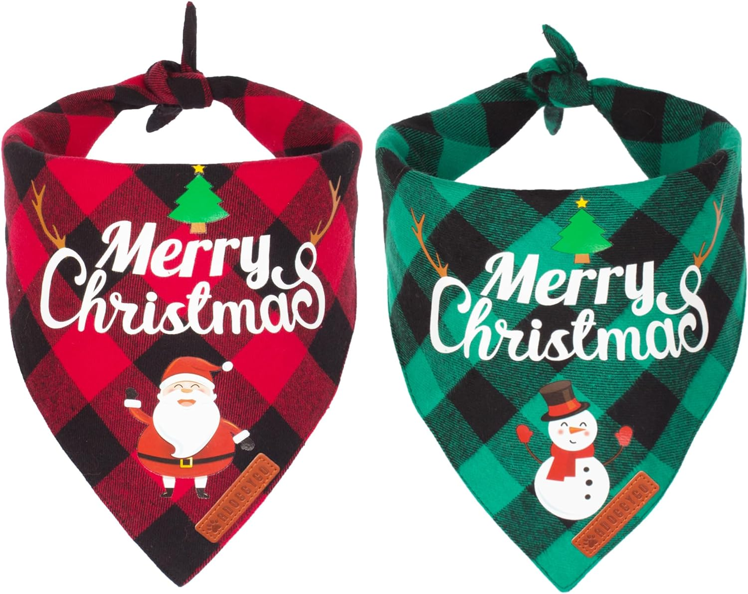 ADOGGYGO 2 Pack Dog Bandana Christmas Classic Plaid Pet Scarf Triangle Bibs Kerchief Merry Christmas Santa Snowman Print Pet Bandana for Medium Large Dogs Pets (Christmas-1, Large)
