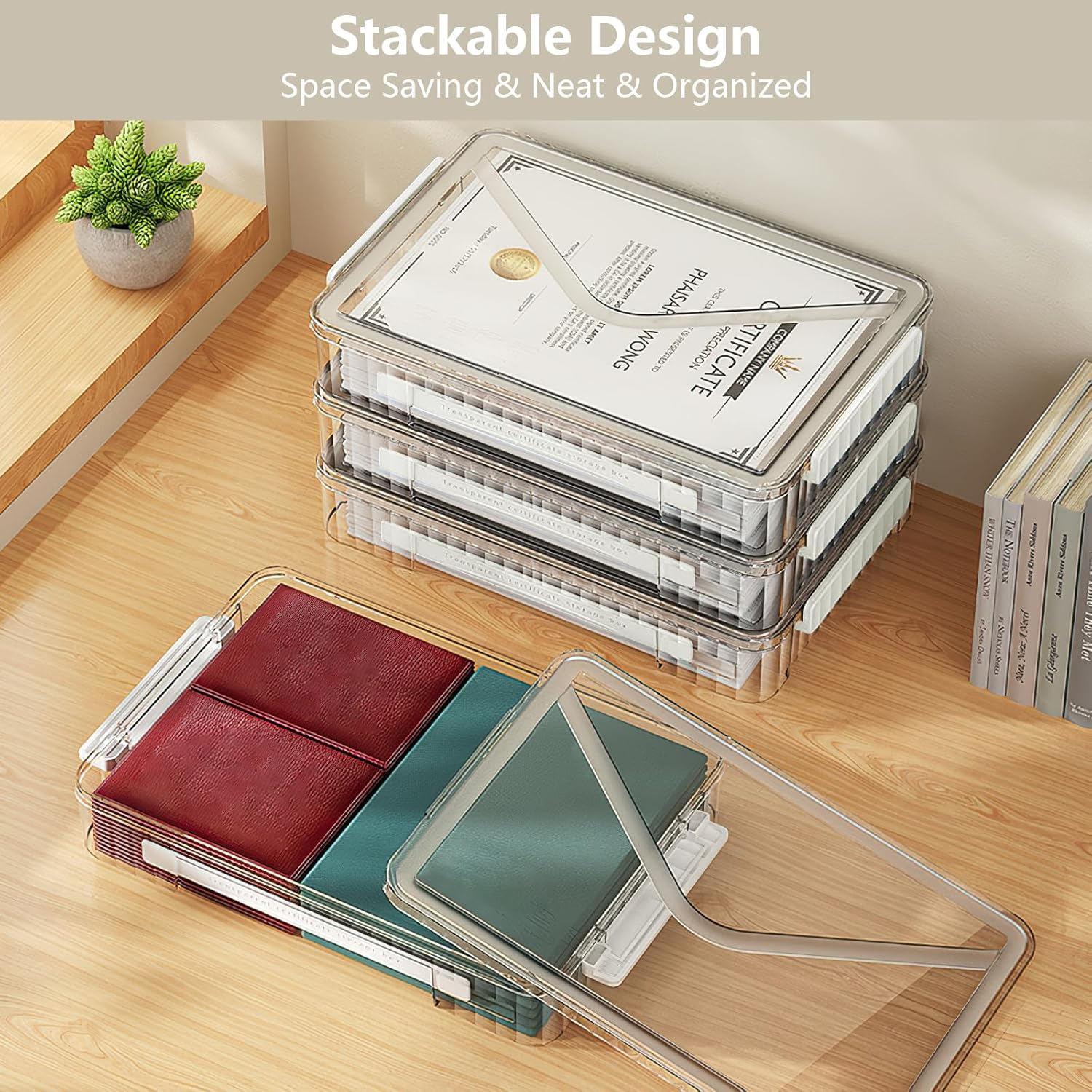 SAYEEC Plastic Storage Box Clear Stackable Storage Bins with Lids and Handle Large Capacity Storage Containers File Protector Case Organizer Portable Project Case for A4 Paper Photo Scrapbook Document - Clear Storage Box With White Handle image number 4