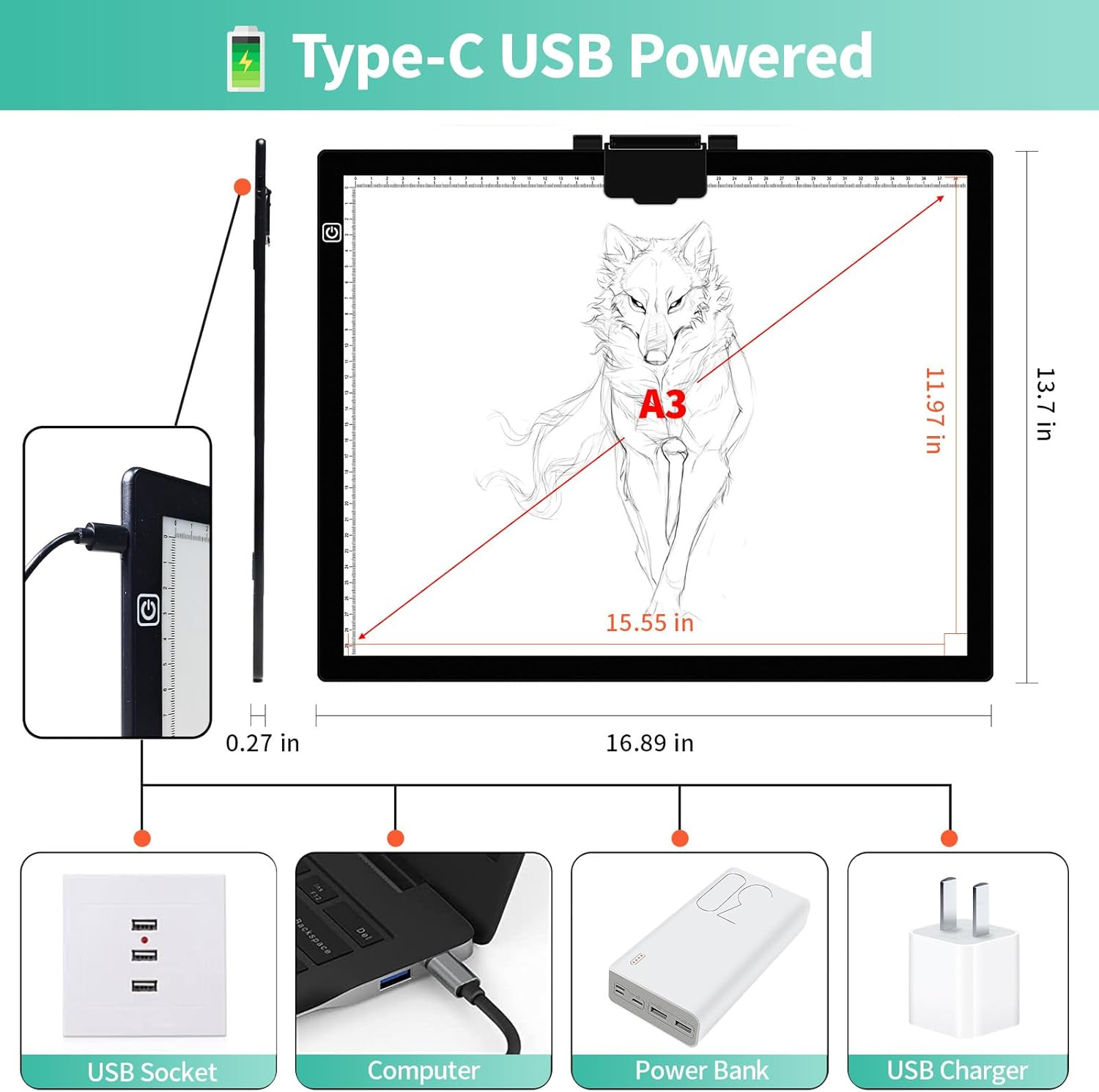 A3 Light Pad, 6 Levels&Stepless Dimmable Diamond Painting Light Board, Ultra-Thin Tracing Light Box with Magnetic Clip, Portable LED Light Pad for Weeding Vinyl Drawing Sketching image number 4
