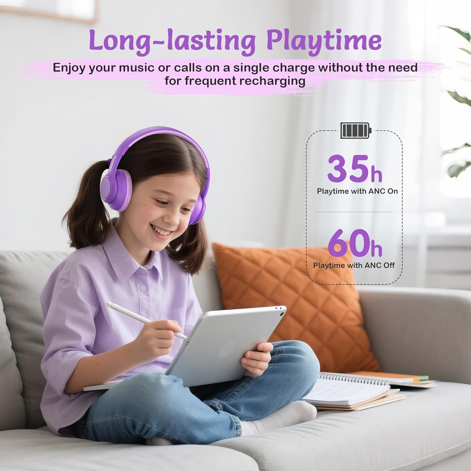 TONOSHARK Kids Headphones Wireless, Active Noise Cancelling Headphones for Kids, 60H Playtime, Bluetooth Over-Ear Headset Built-In Microphone for Home/School/Travel - Includes Portable Case (Purple) image number 2