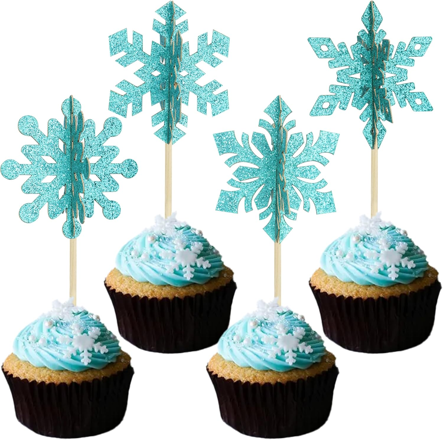 Gyufise 24Pcs 3D Snowflake Cupcake Toppers Double Side Glitter Winter Frozen Cupcake Pick Decorations Winter Theme Party Christmas Baby Shower Birthday Decoration Supplies Blue