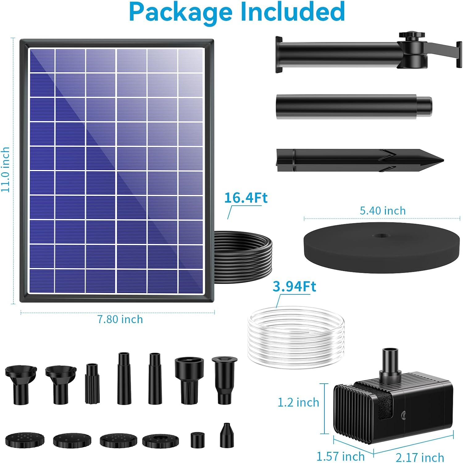 POPOSOAP Solar Fountain Pump Built-In 3000Mah Battery, 7W Solar Bird Bath Fountain Pump 16.64Ft Cable, 10 Nozzles & PVC Tubing, Solar Pond Pump for Bird Bath Garden Fish Tank Pond Water Feature Black image number 1