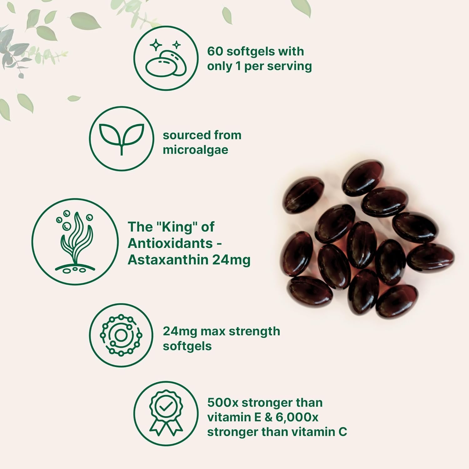 Astaxanthin 12Mg, 120 Softgels, 4 Month Supply | Premium Astaxanthin Antioxidant Supplements | Fresh Microalgae Source | Supports Eye, Joint, Internal Circulation, Skin Health & Natural Tanning image number 1