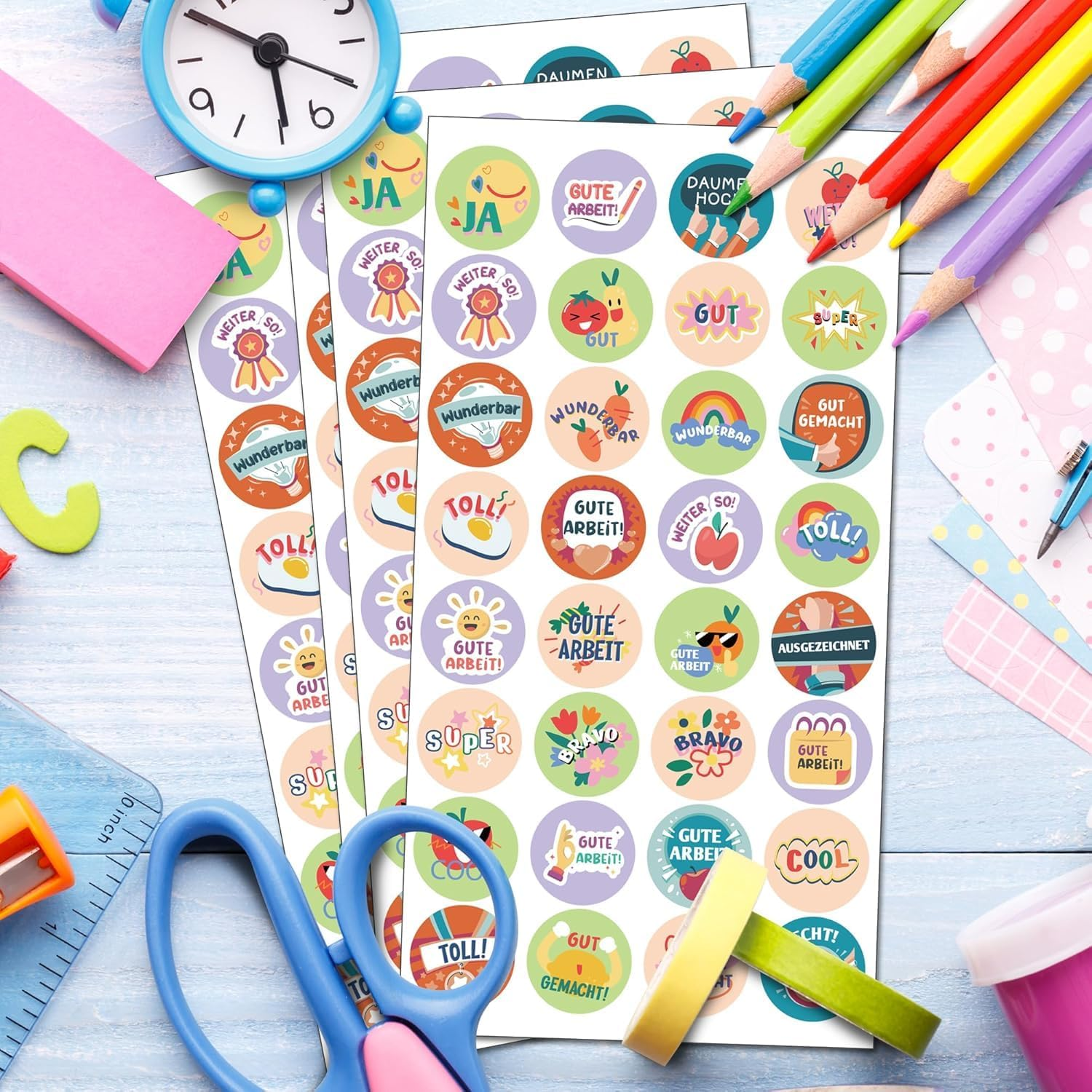 BIROYAL Pack of 1600 Reward Stickers, 25 Mm Motivational Stickers for Children, 32 Patterns Self-Adhesive Teacher Reward Stickers, German Reward Stickers for Teacher Supplies (Cartoon)