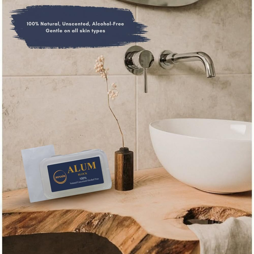REVAIS Natural Alum Stone Block &ndash; 100% Pure Potassium Alum Fitkari Aftershave & Deodorant &ndash; Soothes Razor Burn, Cuts, Irritation &ndash; Alcohol-Free, Unscented, Non-Staining Astringent for Men & Women 100G image number 2