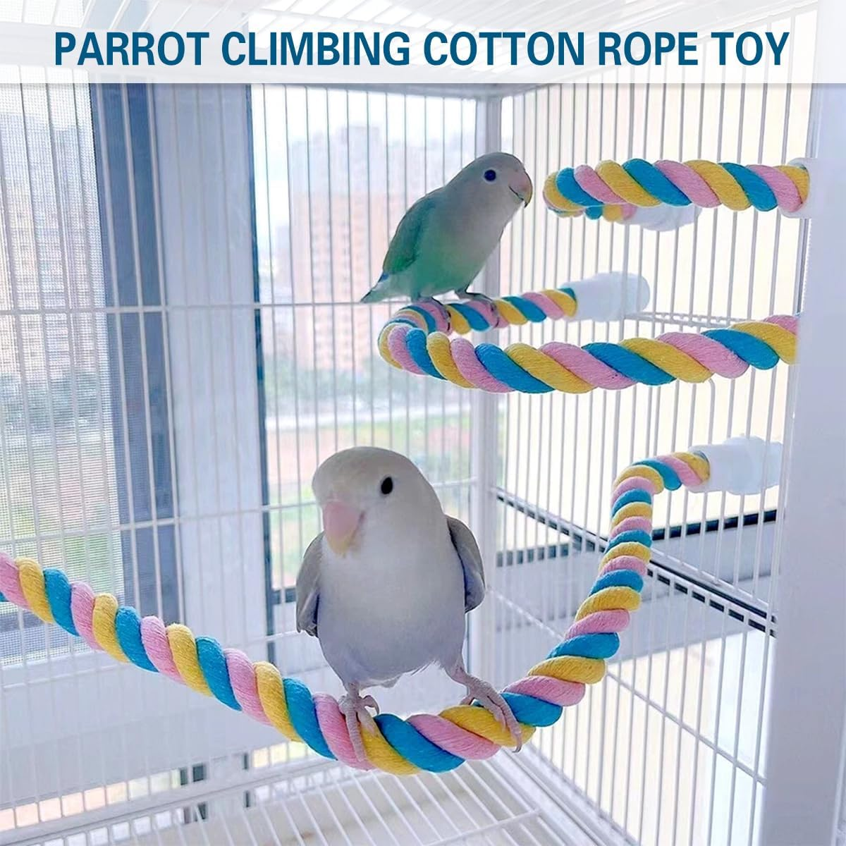 AIMALL U-Shaped Parrot Climbing Cotton Rope Bird Toy with Metal Screw Ends, Multicolour Bird Cage Stand Perch for Cockatiels Budgies Conures, 23.6In 31.5In 39.3In 47.2In Options image number 4