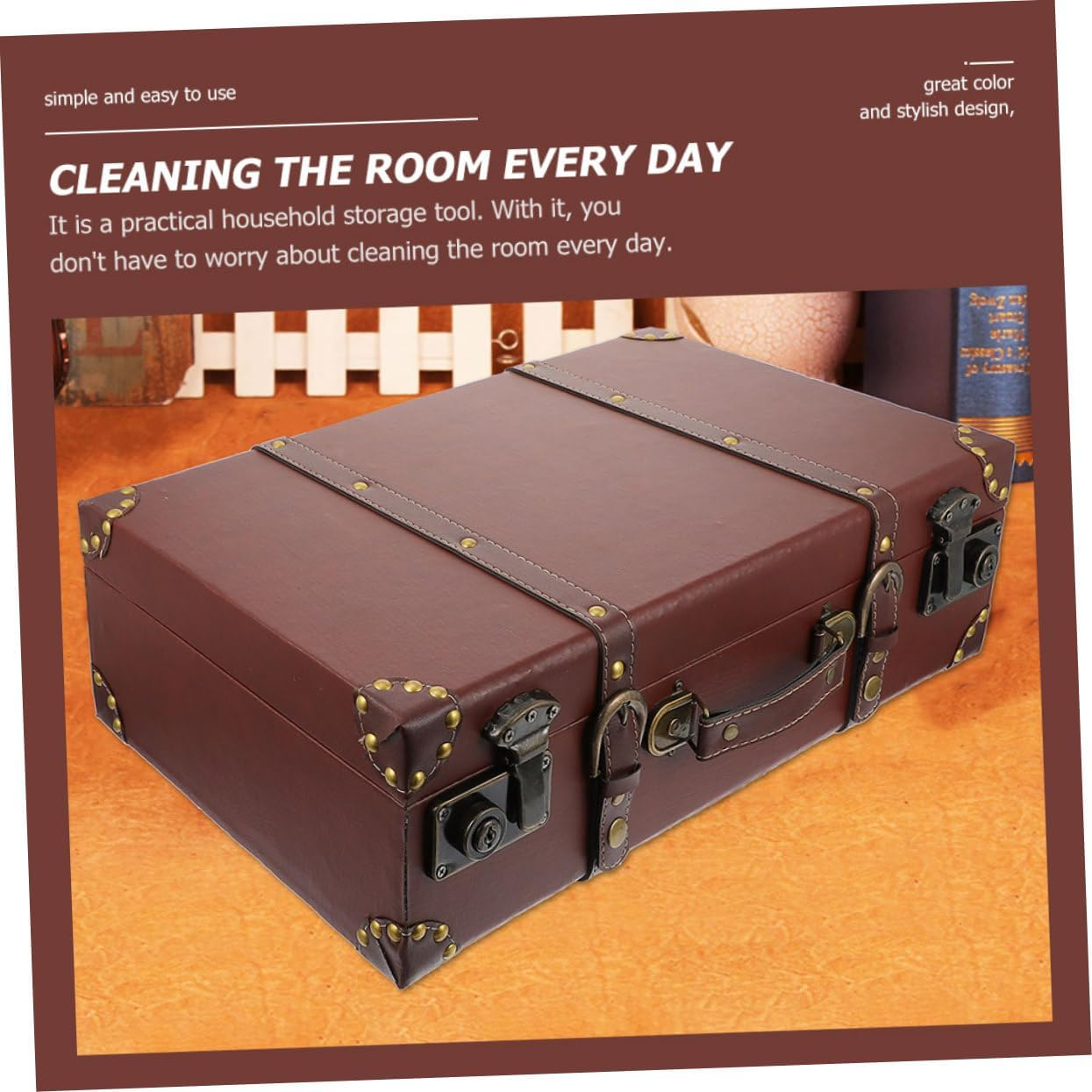 GLEAVI Vintage Decor Household Sundries Storage Box Handle Small Brown Wood Retro Suitcase Adornment for Home Organization and Photography Props image number 4