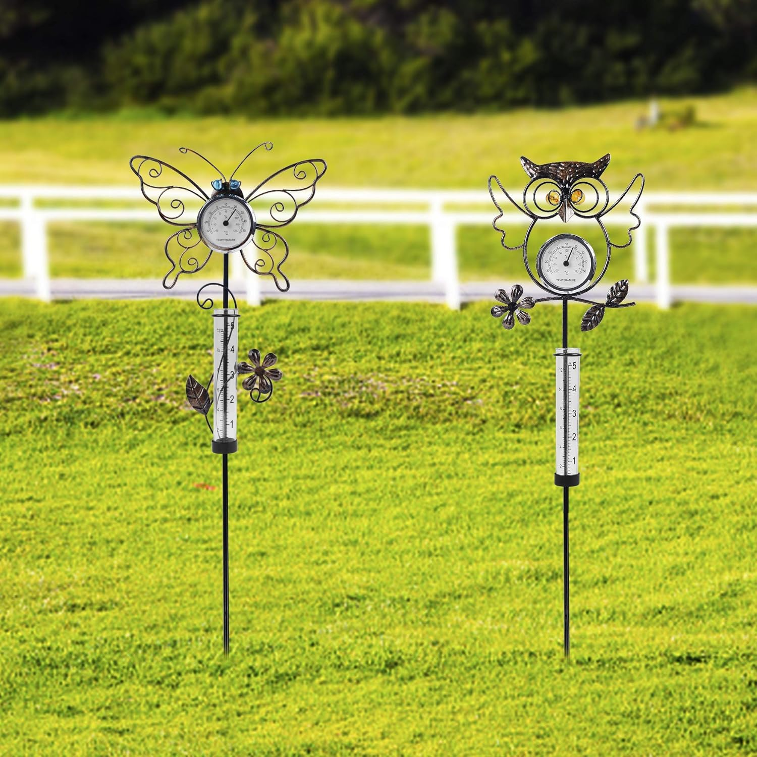 Juegoal 31.5 Inch Rain Gauge with Thermometer, Butterfly & Owl Garden Stakes Decor, Waterproof Rustproof Metal Yard Art Outdoor Lawn Pathway Patio Decorations, Set of 2 image number 2