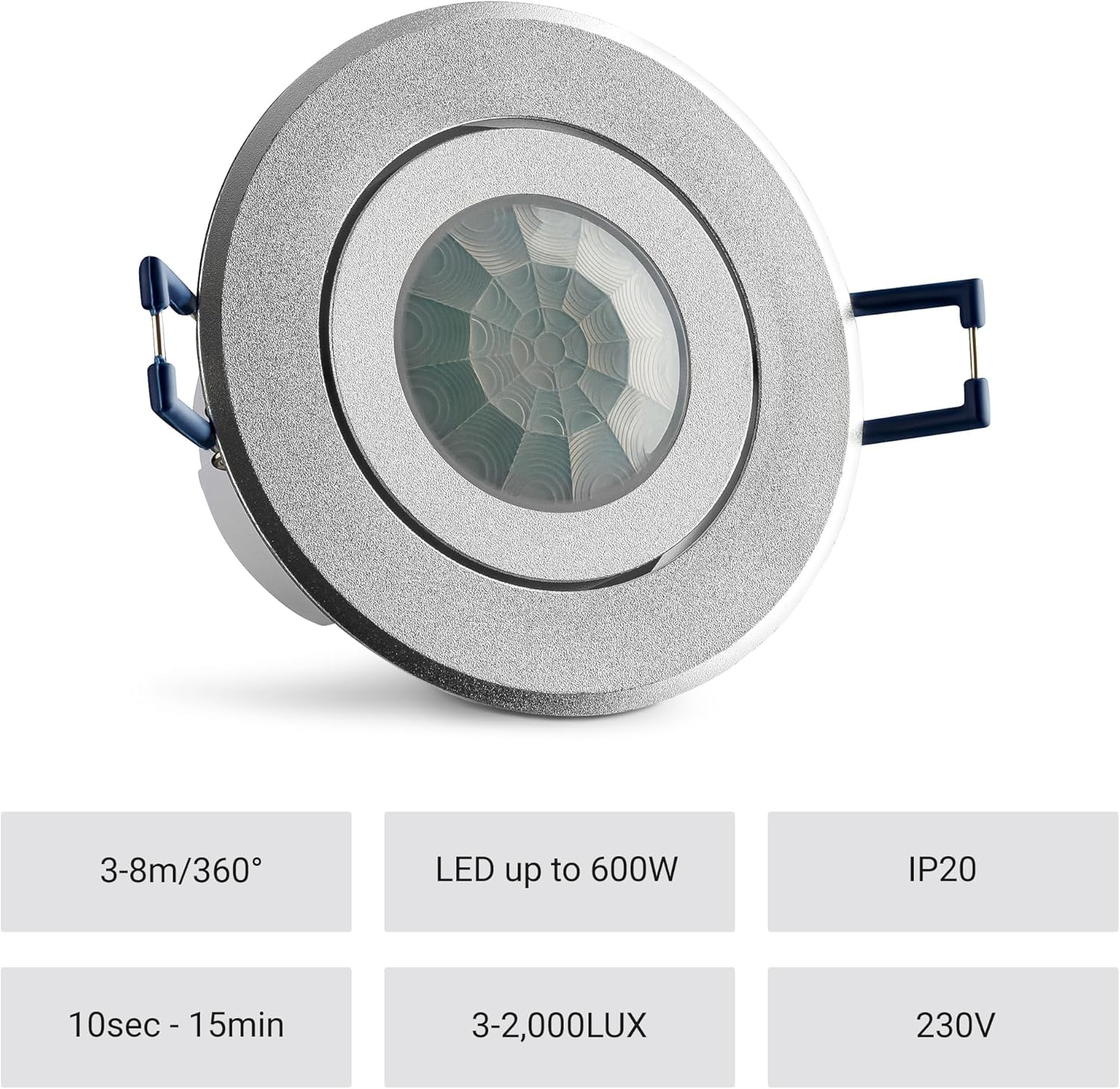 SEBSON Indoor Motion Detector, Flush-Mounted Ceiling Mounting, Programmable, Infrared Sensor, Range 3-8 M / 360&deg;, Suitable for LED, Swivelling, 3-Wire image number 1