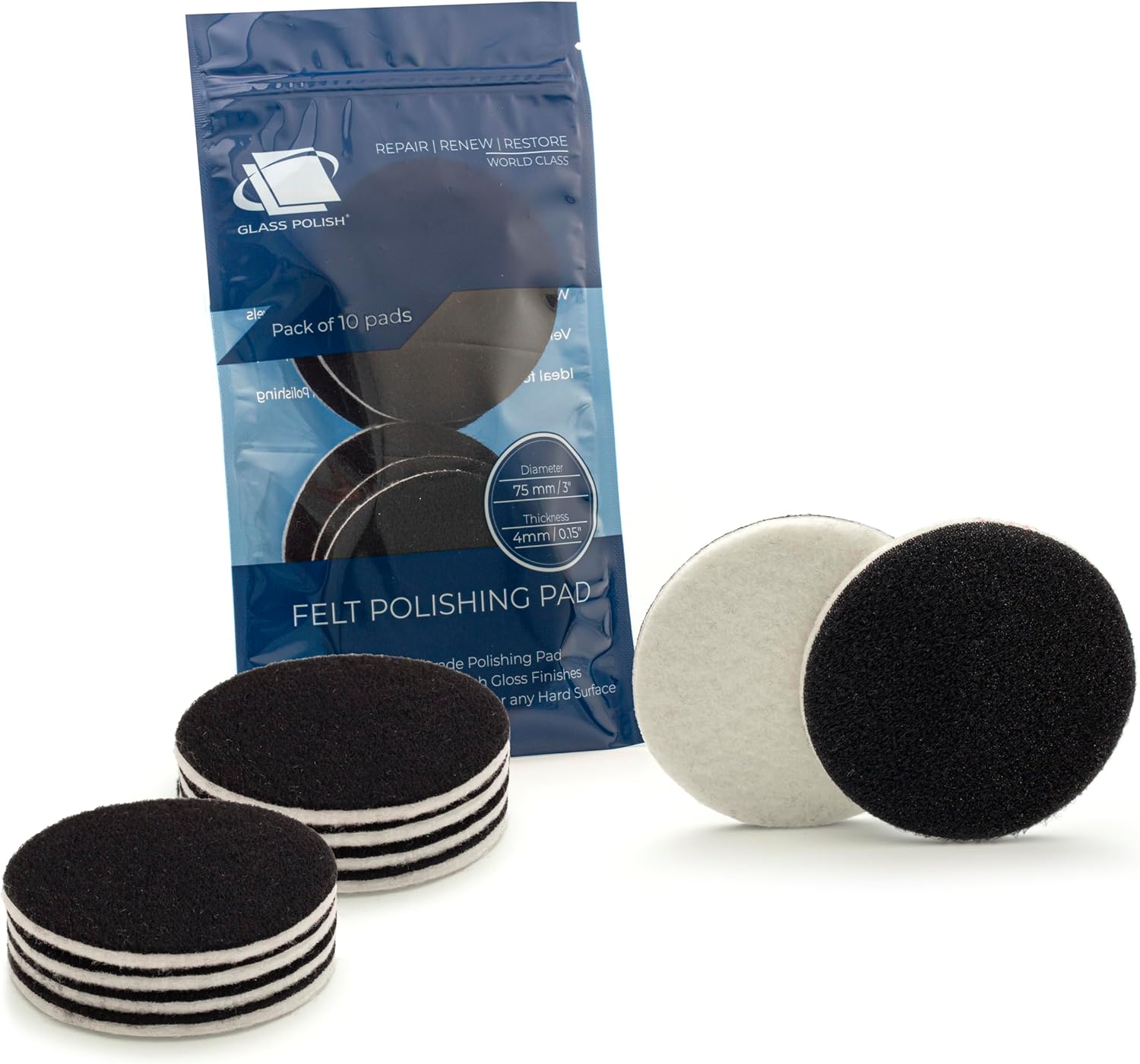 GLASS POLISH 75Mm PRO Felt Polishing Pads for Cerium Oxide Glass Polishing, Scratch Removal and Professional High Gloss Finish on Glass, Plastic, Metal and Marble - (10 Pads) image number 5