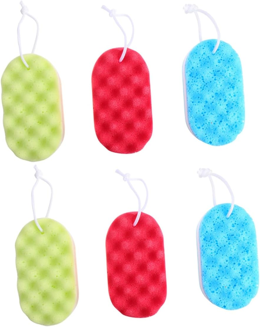 PAMINGONO 6Pcs Exfoliating Bath Sponge Pouf Wave Texture Shower Scrubber for Deep Skin Cleansing and Smooth Soft Mesh Pouf Brushes in Yellow Red Blue image number 4