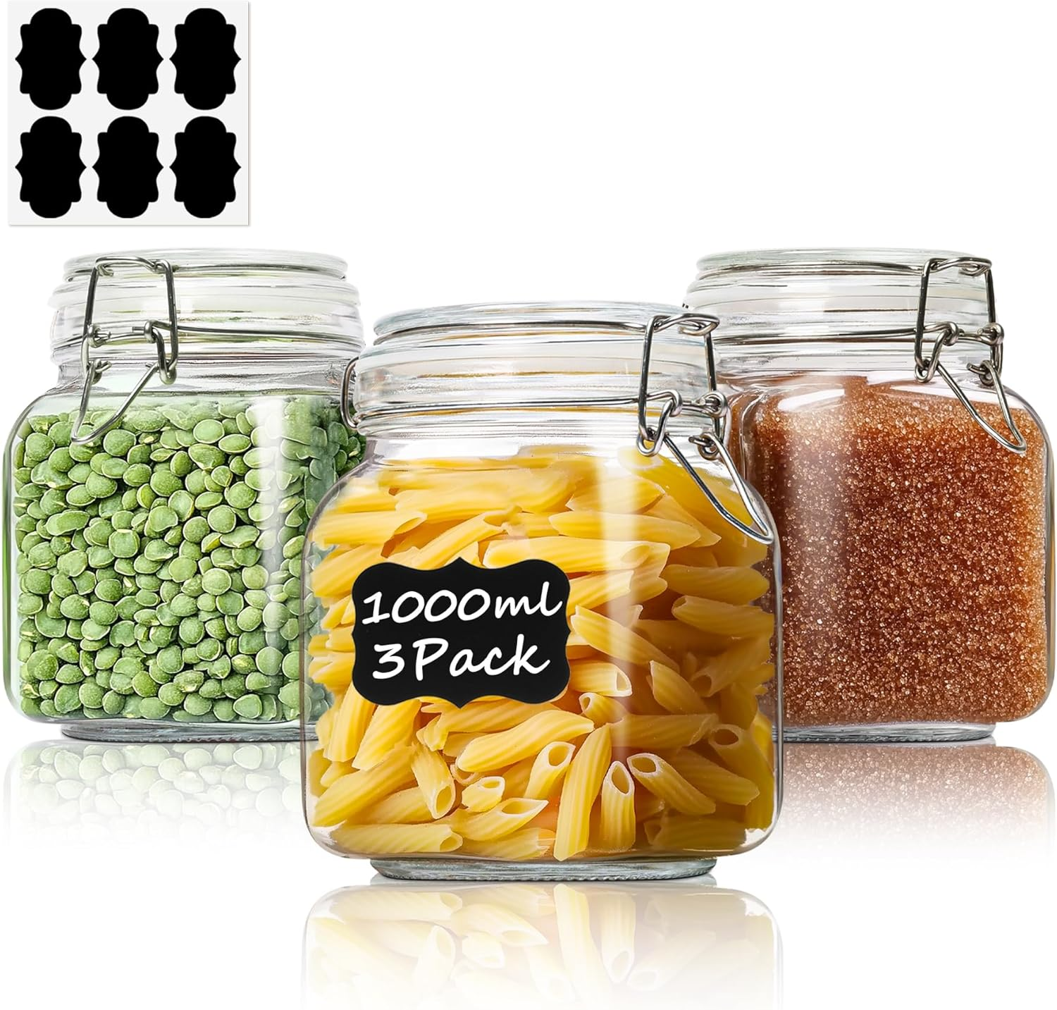 Comsaf Airtight Glass Jar with Clip Top Lids, 34Oz/1000Ml Set of 3 Food Storage Canister with Seal Wire for Preserving, Pickling, Canning, Cereal, Pasta, Sugar, Dry Food, Square，Mason Jars