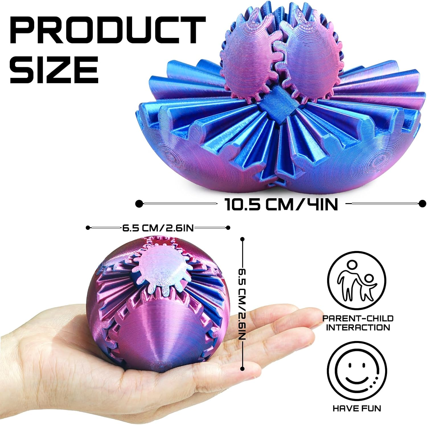 Gear Ball 3D Printed Fidget Toy Spinning Gear Sphere for Stress Relief Anxiety Fun Desk Toy for Adults Kids Stocking Filler Gifts Birthday Christmas (Purple, Diameter: 2.5 In)
