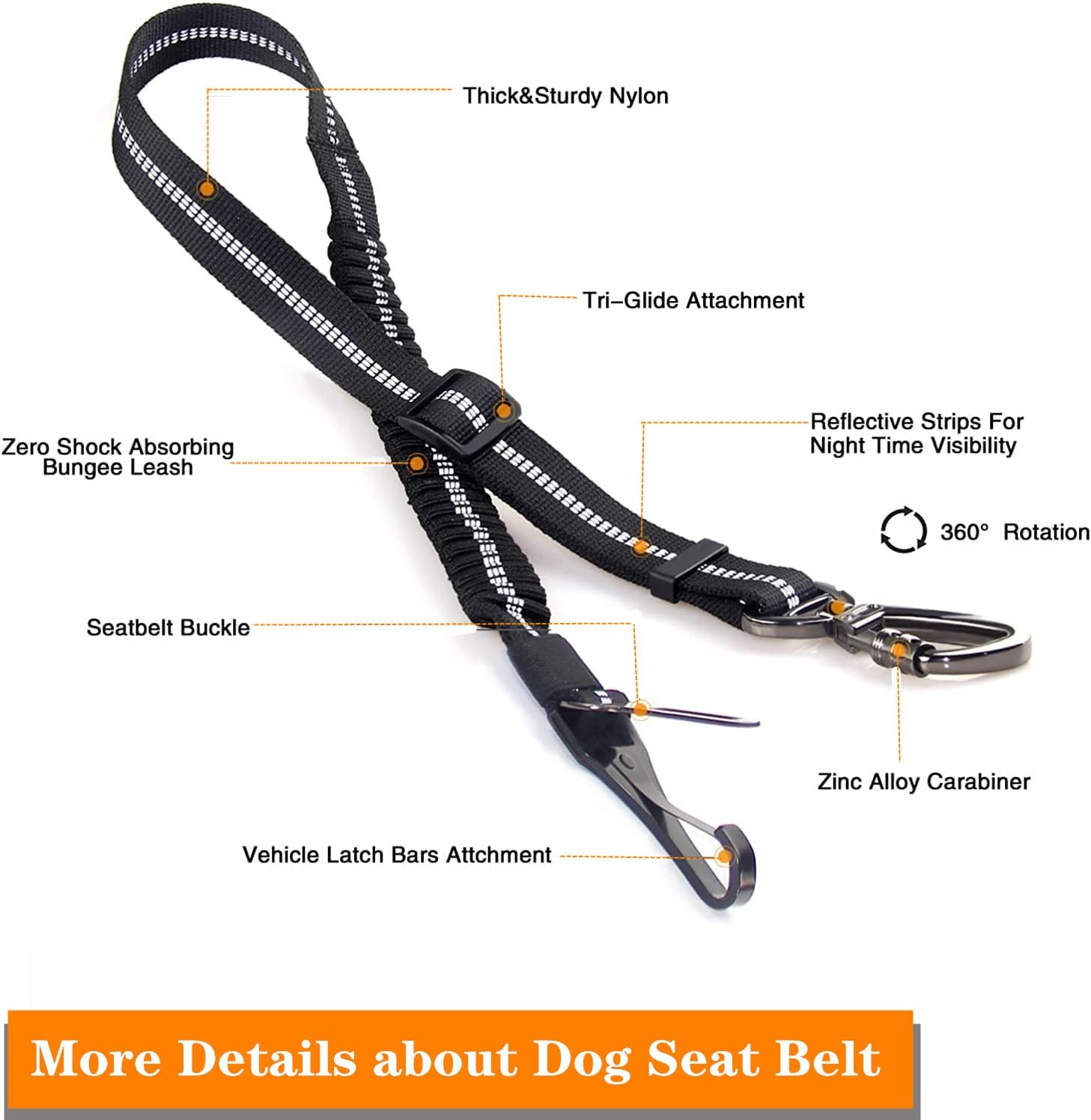 Dog Seat Belt,Adjustable Dog Seatbelt for Car,3 in 1 Dog Safety Belt Leash,Reflective Bungee Dog Car Seatbelt with Hook& Buckle, Dog Car Seat Belt with Aviation Zinc Alloy Rotatable Carabiner image number 5