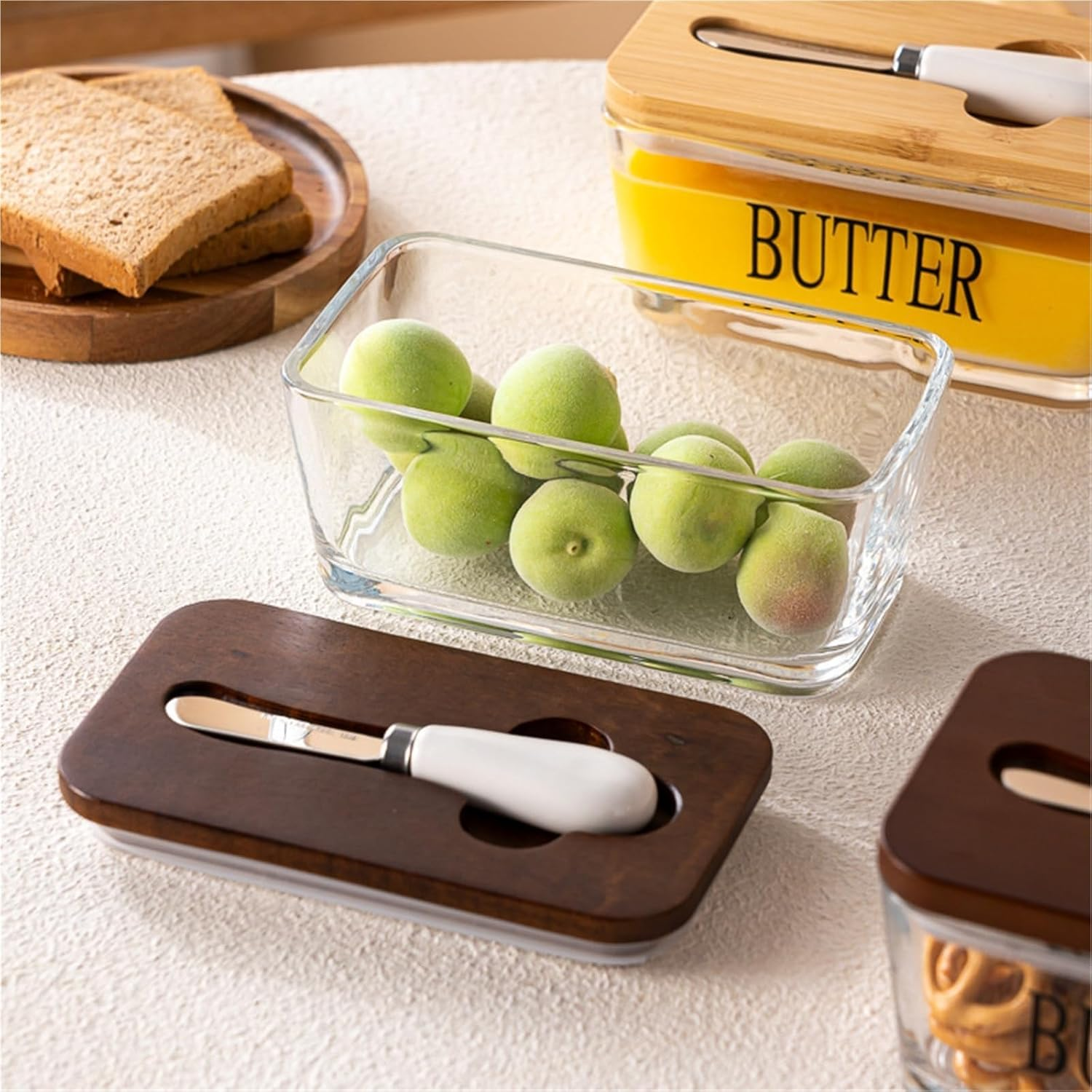 AVITONG Glass Butter Dish with Lid and Spreader, 600Ml Large Capacity Butter Keeper with Bamboo/Walnut Wooden Lid, Stackable Storage Container image number 2
