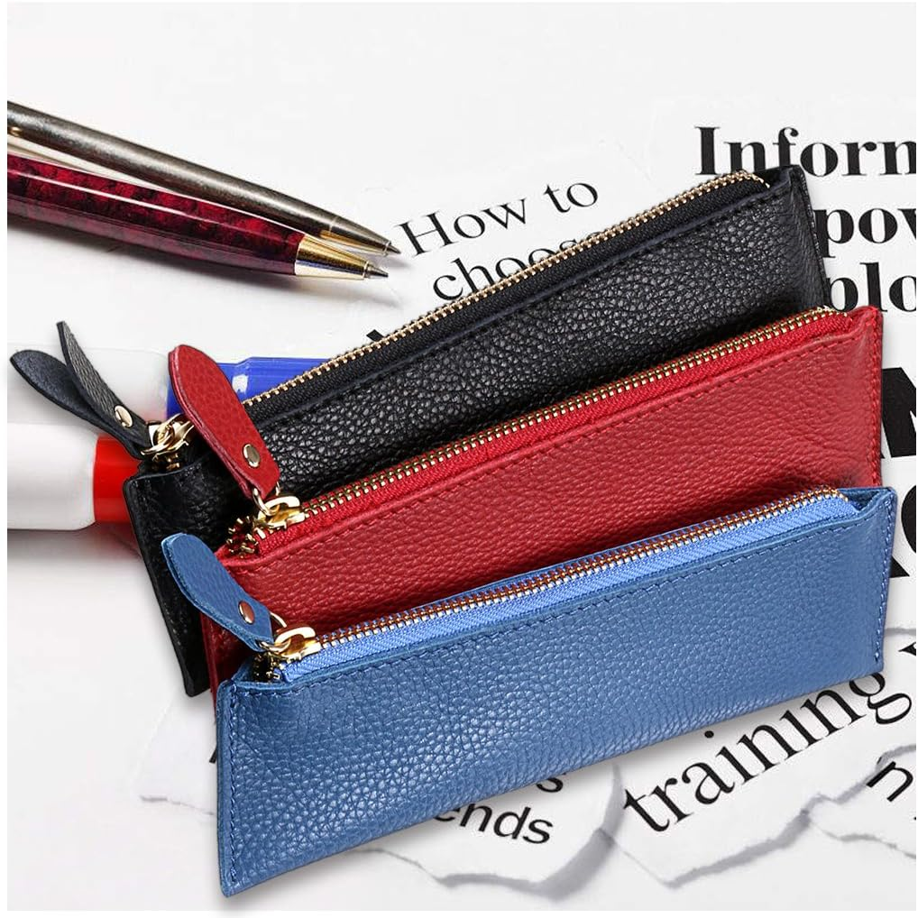 BTSKY Genuine Leather Pencil Case - Zippered Pen Case Stationery Bag Zipper Pouch Pencil Holder(Blue) image number 1