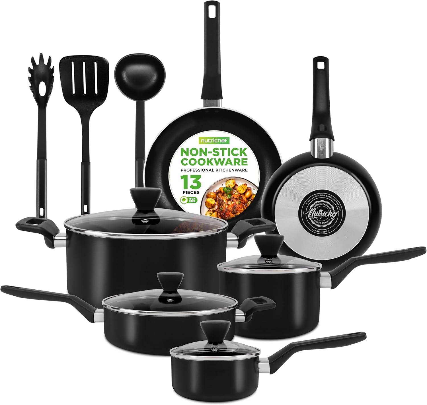 Nutrichef 13 Pcs. Nonstick Kitchen Cookware Pfoa-Free Heat Resistant Kitchenware Set W/Saucepan, Frying Pans, Cooking Pots, Casserole, Lids, & Utensils, Red