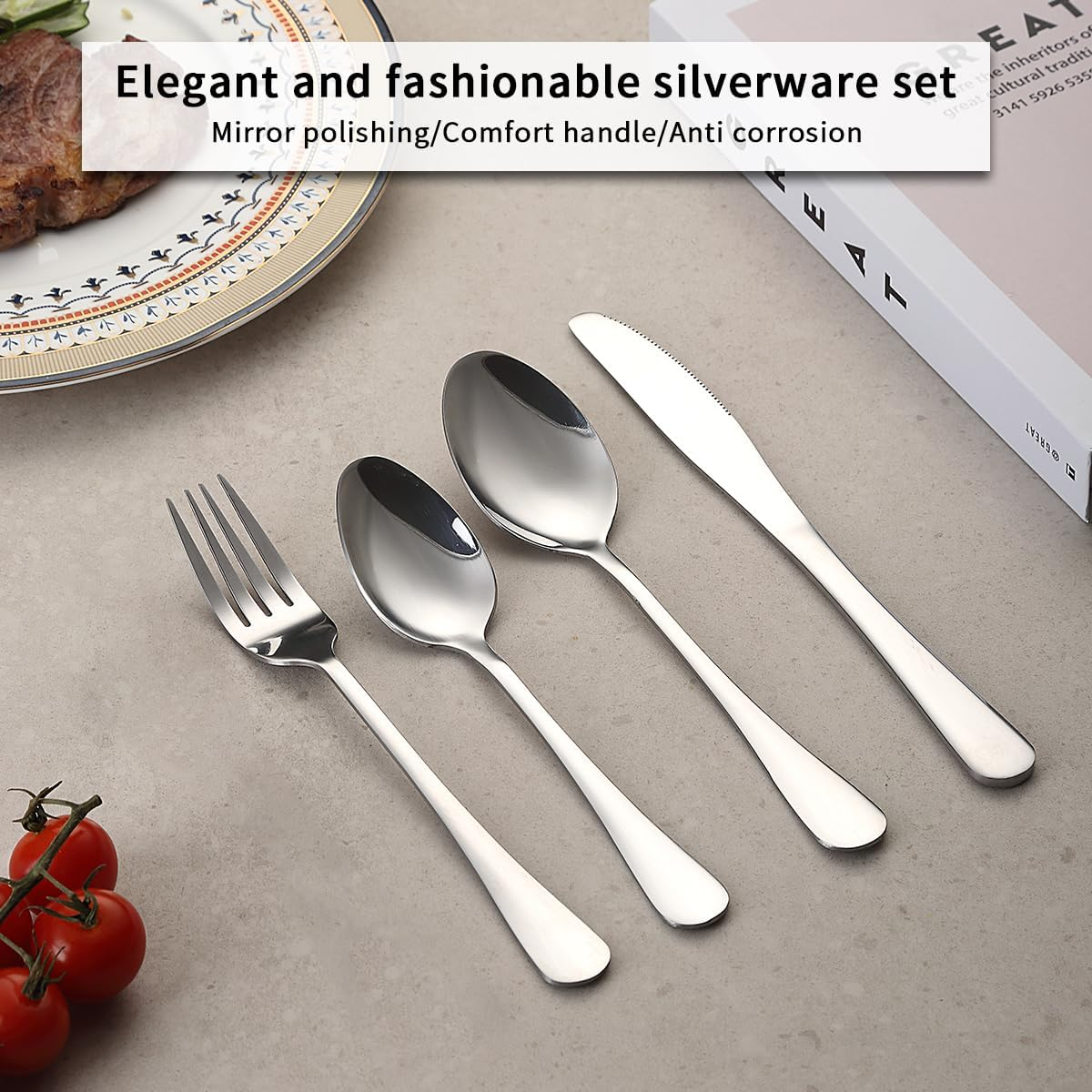 Evanda Cutlery Set 48 Piece Service for 12, Stainless Steel Flatware Set, Include Knife Fork Spoon Silverware Set, Durable Home Kitchen Tableware Set, Mirror Polished, Dishwasher Safe image number 5