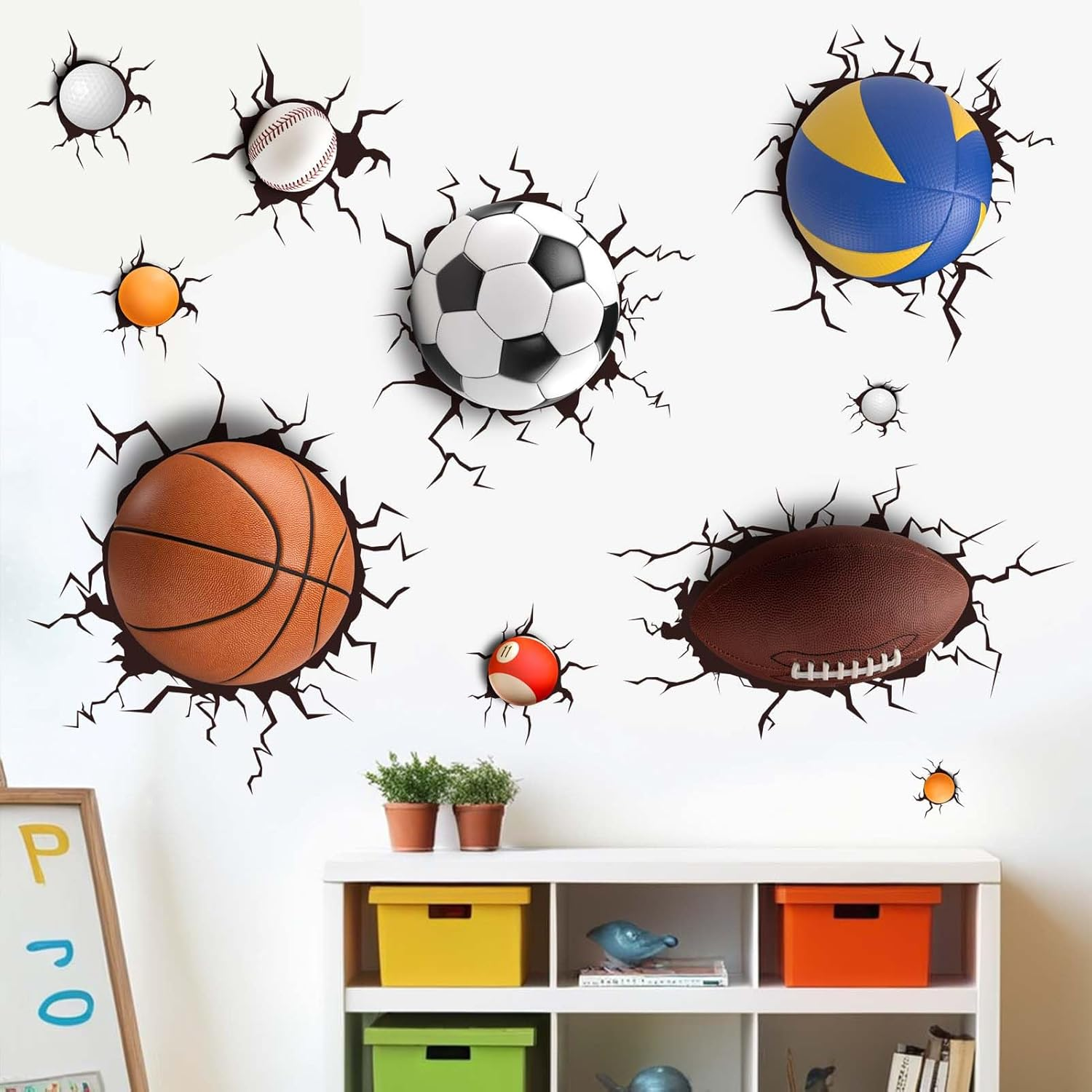 Amimagen Basketball Football through the Wall Sports Wall Decals - Kids Baby Boys Wall Stickers - Nursery Playroom Classroom Daycare Game Room Bedroom Home Wall Decor image number 4
