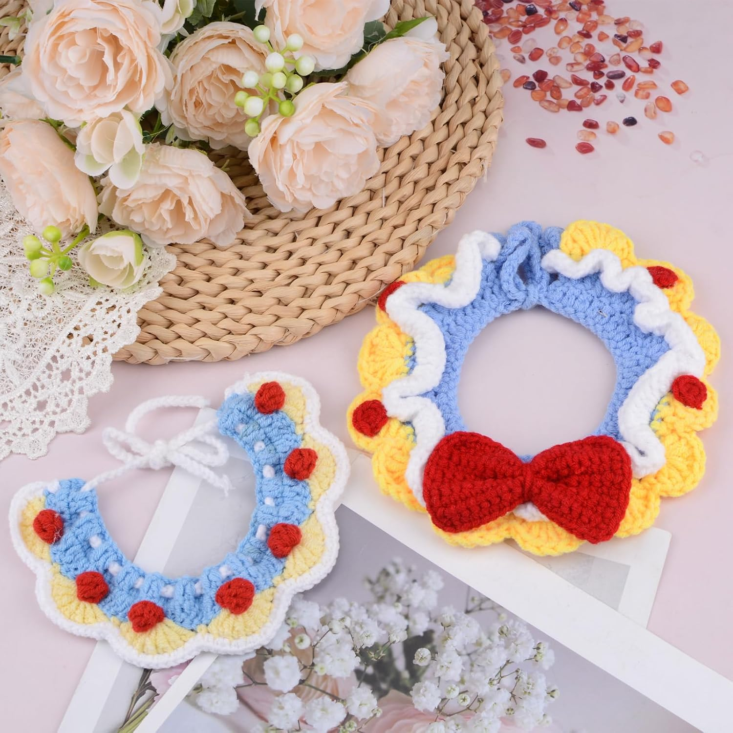 HACRAHO Adjustable Knit Pet Collar，2 PCS Knitted Cat Collar Handmade Cute Cat Collars Breakaway Kitten Collars Adjustable Knitted Cats Collares for Girl Cats Puppies（M） image number 2