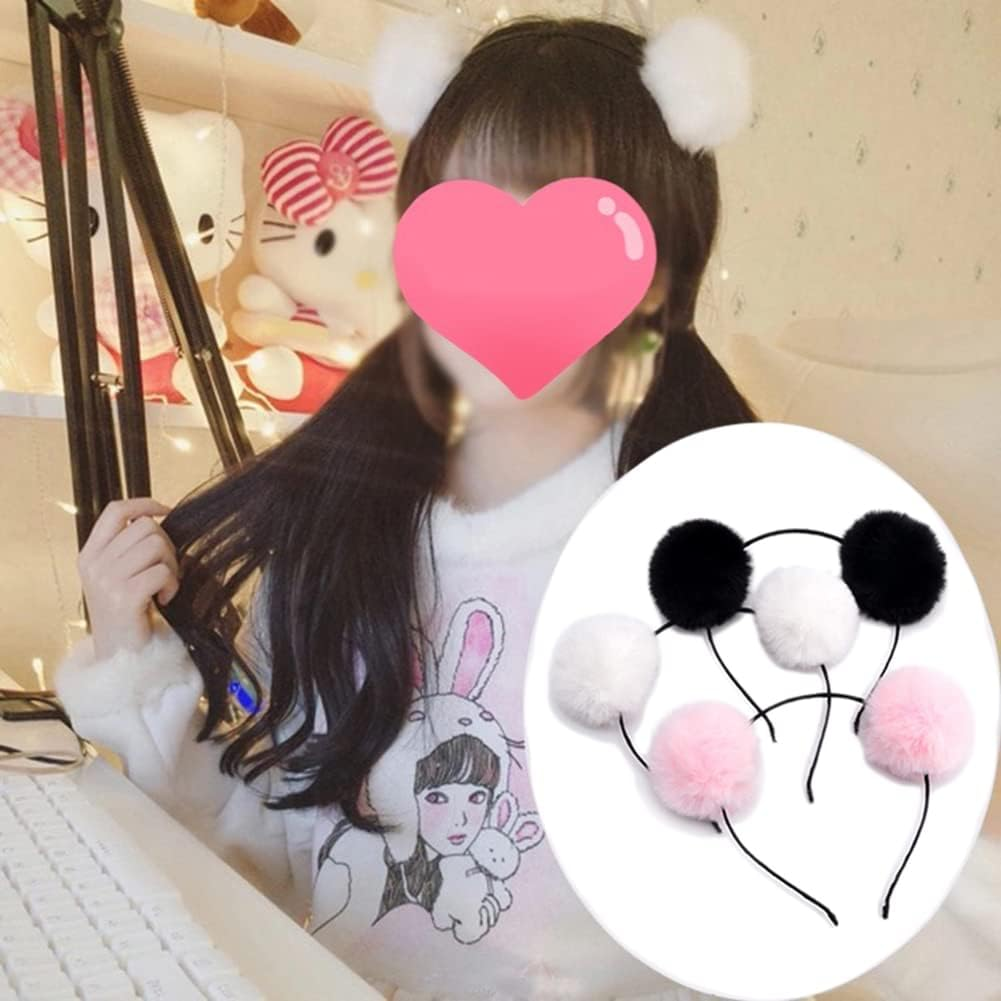 OHEETU 3 Pcs Panda Ears Headband Fluffy Pom Pom Hair Hoop Costume Party Head Wear Accessories for Halloween Christmas Birthday (Black+White+Pink) image number 2