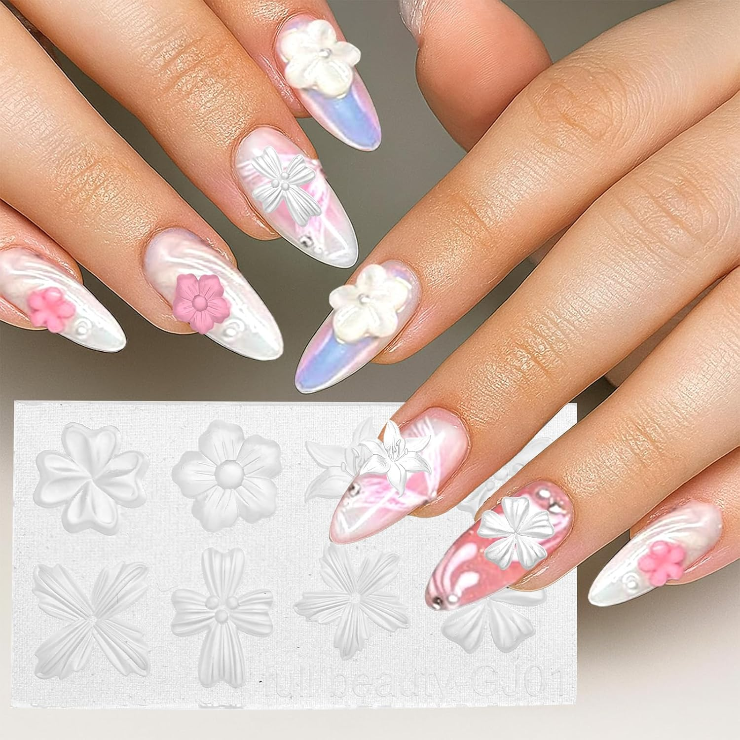 Lasuroa 2Pcs 3D Flower Silicone Nail Molds, Transparent Nail Charm Molds Flower Templates for Resin Epoxy Manicure Decor Accessories image number 1