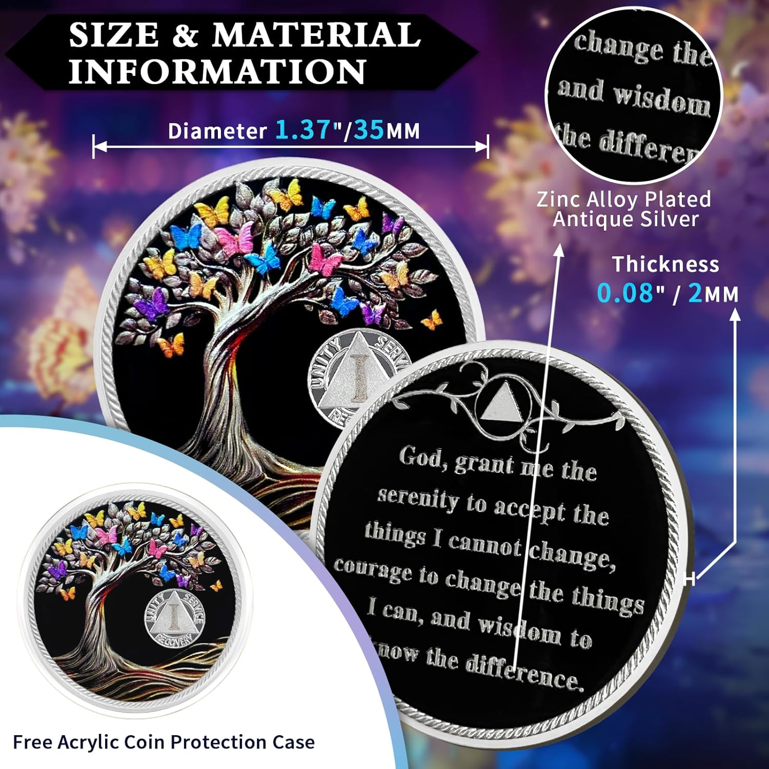 1 Year Sobriety Coin Butterfly Tree of Life AA Chips and Medallions Sobriety Recovery Chip Sober Token Sobriety Gifts for Men Women Celebrating Alcoholics Anonymous Recovery image number 7
