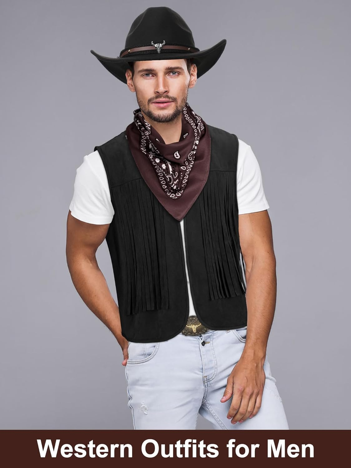 Slowton Western Outfits for Men - Cowboy Outfit Cowboy Hat Tassel Vest for Halloween Cosplay Western Costume Accessories image number 2