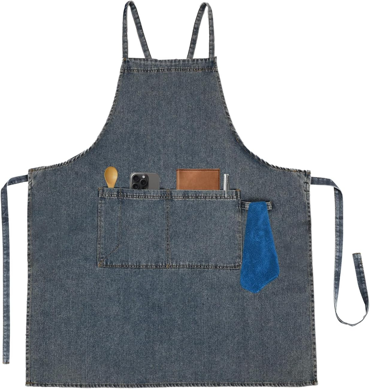 Surblue Cotton Denim Apron with Pockets Adjustable Jean Apron for Man Woman for Kitchen, BBQ, Garden, Workshop