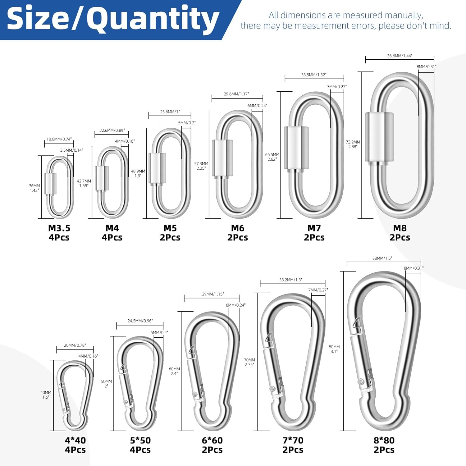 Glarks 30Pcs 2 Styles M3.5/4/5/6/7/8 Quick Link Chain Connector and Spring Snap Hooks Carabiner Set, 16Pcs D Shape Locking Carabiner and 14Pcs Spring Carabiner Clips for Camping, Riging image number 5