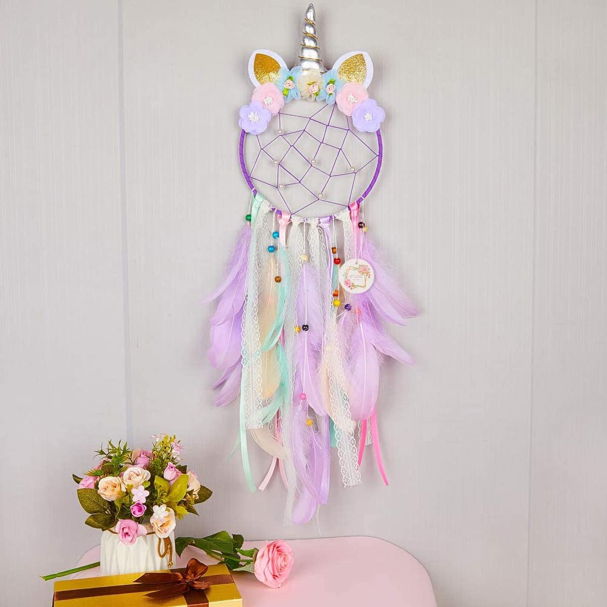 Dream Catchers for Kids Colorful Feather Dream Catcher Handmade Flowers for Girls Kids Bedroom Nursery Wall Decoration Blessing Gift(Purple)