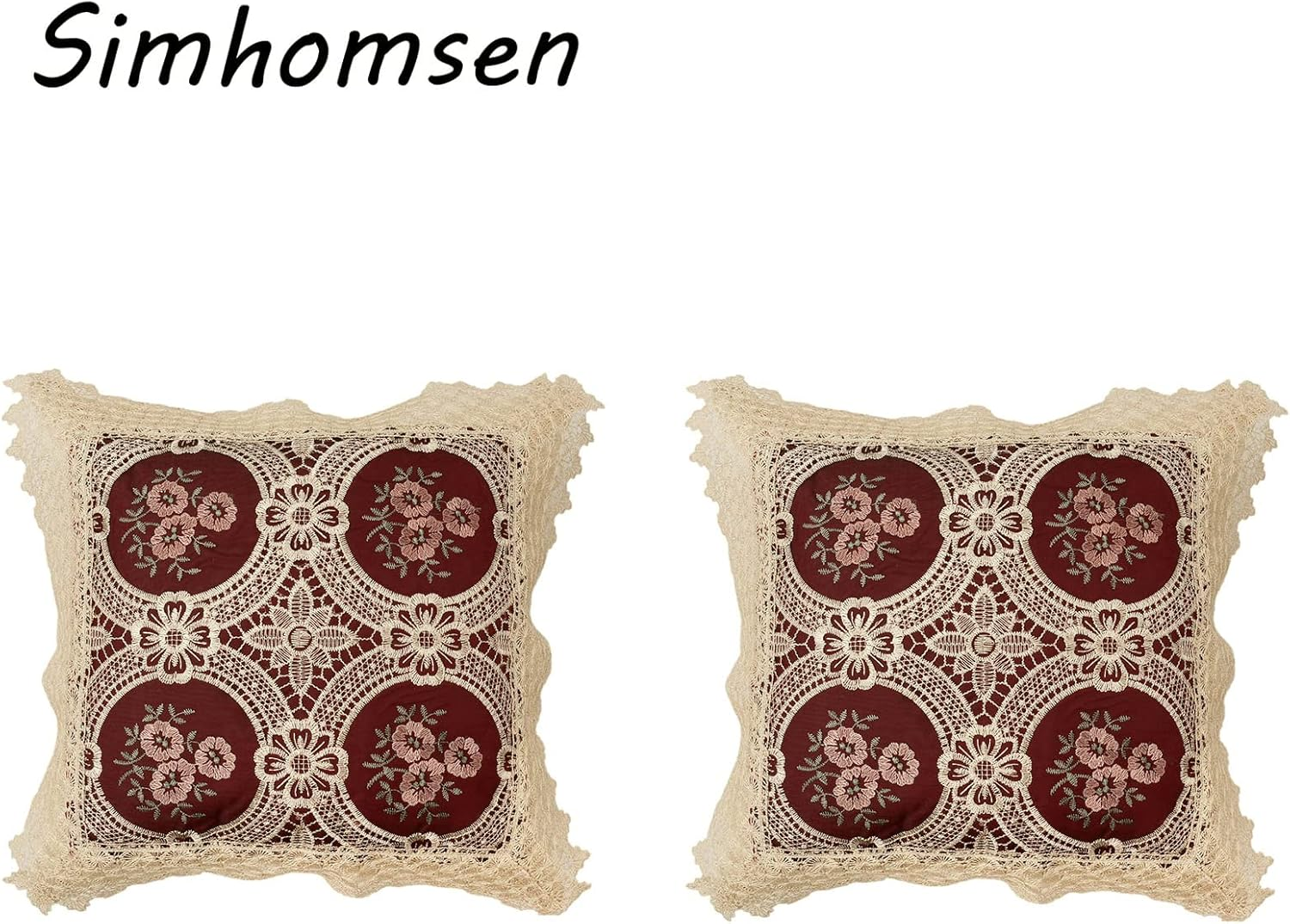 Simhomsen Set of 2 Decorative Lace Throw Pillow Case Shams Cushion Cover, Square 18 &times; 18 Inches, Vintage Look, Burgundy, Only the Cushion Cover, without Pillow Insert image number 1