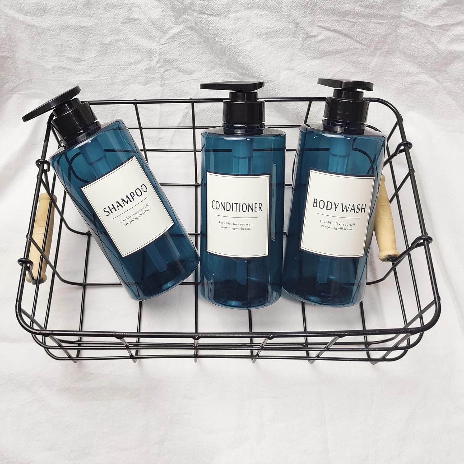 500Ml Shampoo Bottles Refillable,Empty Pump Plastic Bottle 16.9Oz Shower Container with Lables for Shampoo,Conditioner,Body Wash(Blue,1 Set)