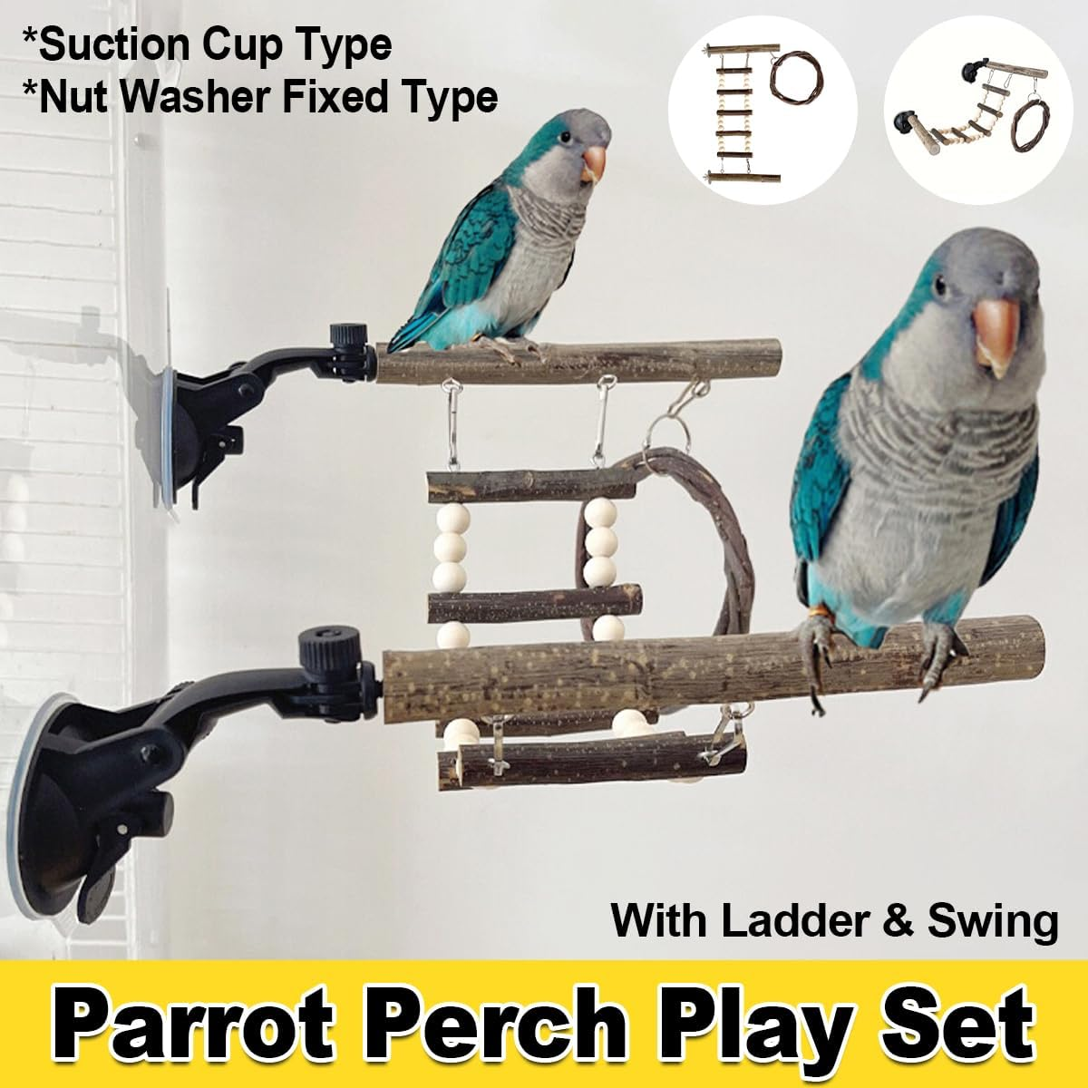 AIMALL Wooden Parrot Climbing Ladder and Swing Toy Set, Cage-Mount Interactive Bird Perch with Suction Cup or Nut Washer Fixing, Natural Log Design, 14.96X7.87 Inches image number 2