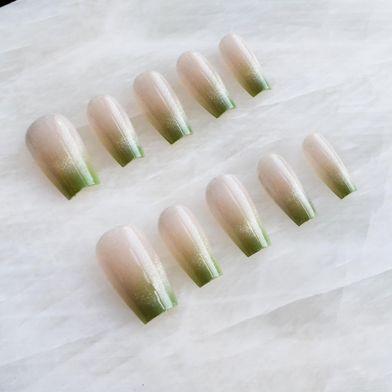 Glossy Cat Eye Ballerina Press-On Acrylic Nails, Coffin Style (Green, M) image number 3