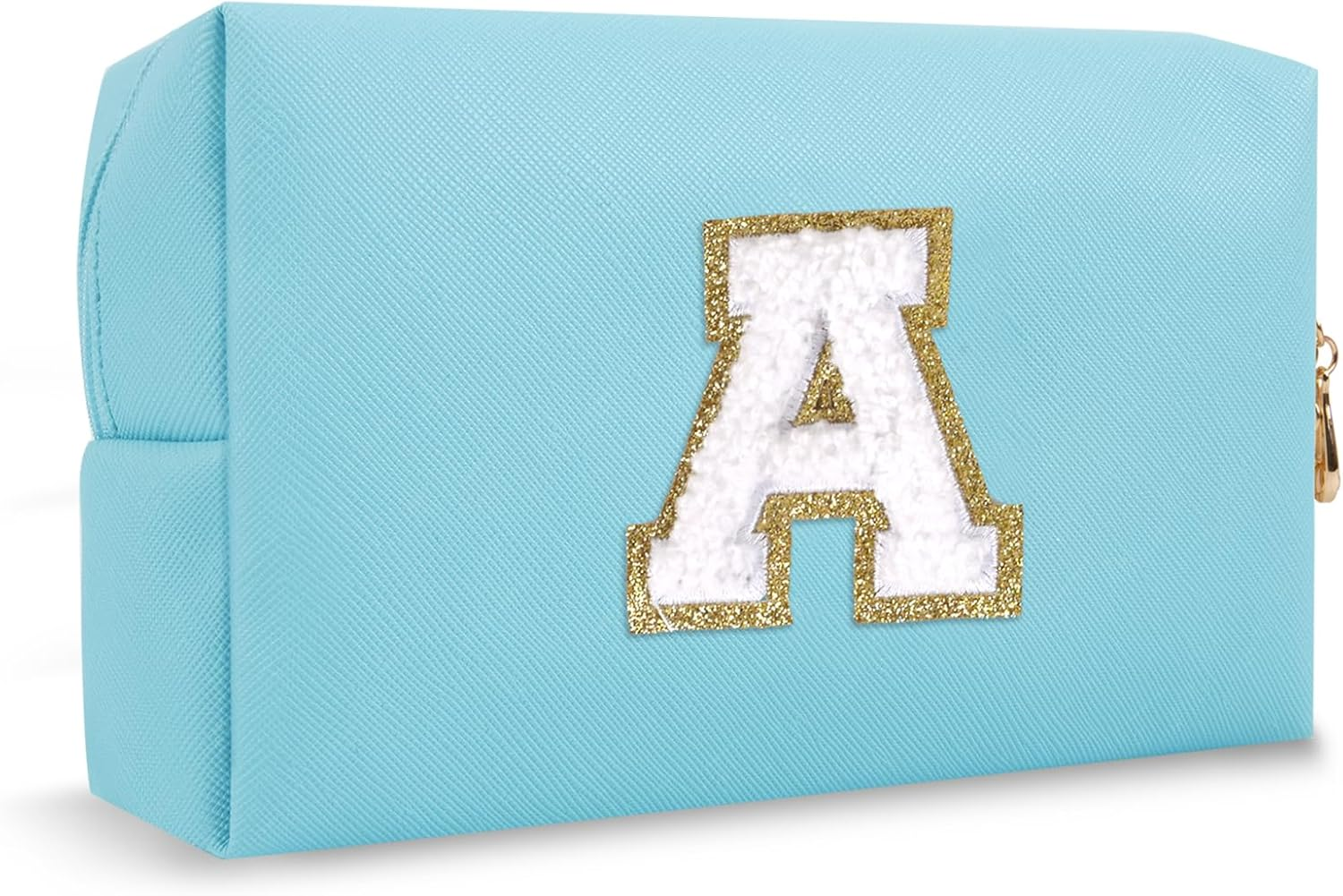 Personalized Makeup Bag Initial A-Z Preppy Patch Bag,Small PU Leather Travel Cosmetic Bag Pouch with Zipper,White Cute Toiletry Bag,Gift Ideal for Teen Girls Women Birthday Friend Mom,Letter A