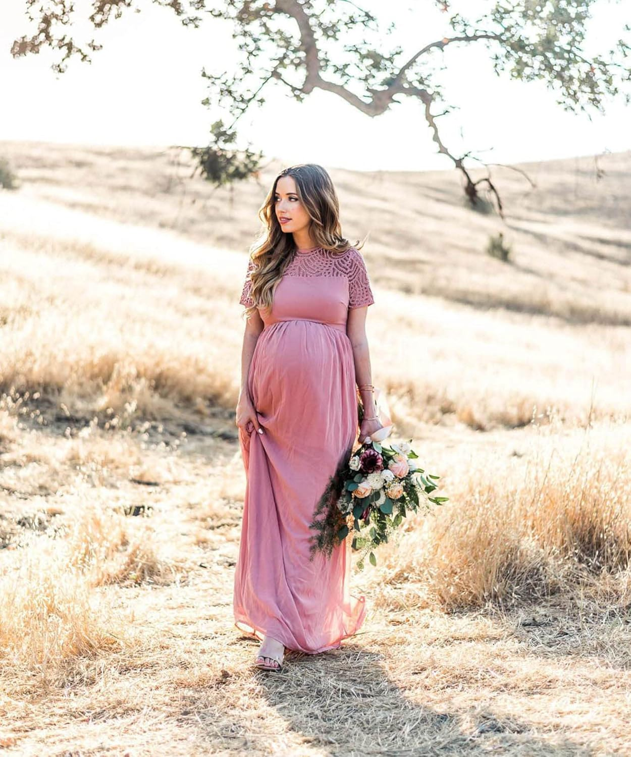 Women Maternity Dress for Photoshoot Lace Ruffle Short Sleeve Gown Maxi Wedding Pregnancy Photography Dress image number 4