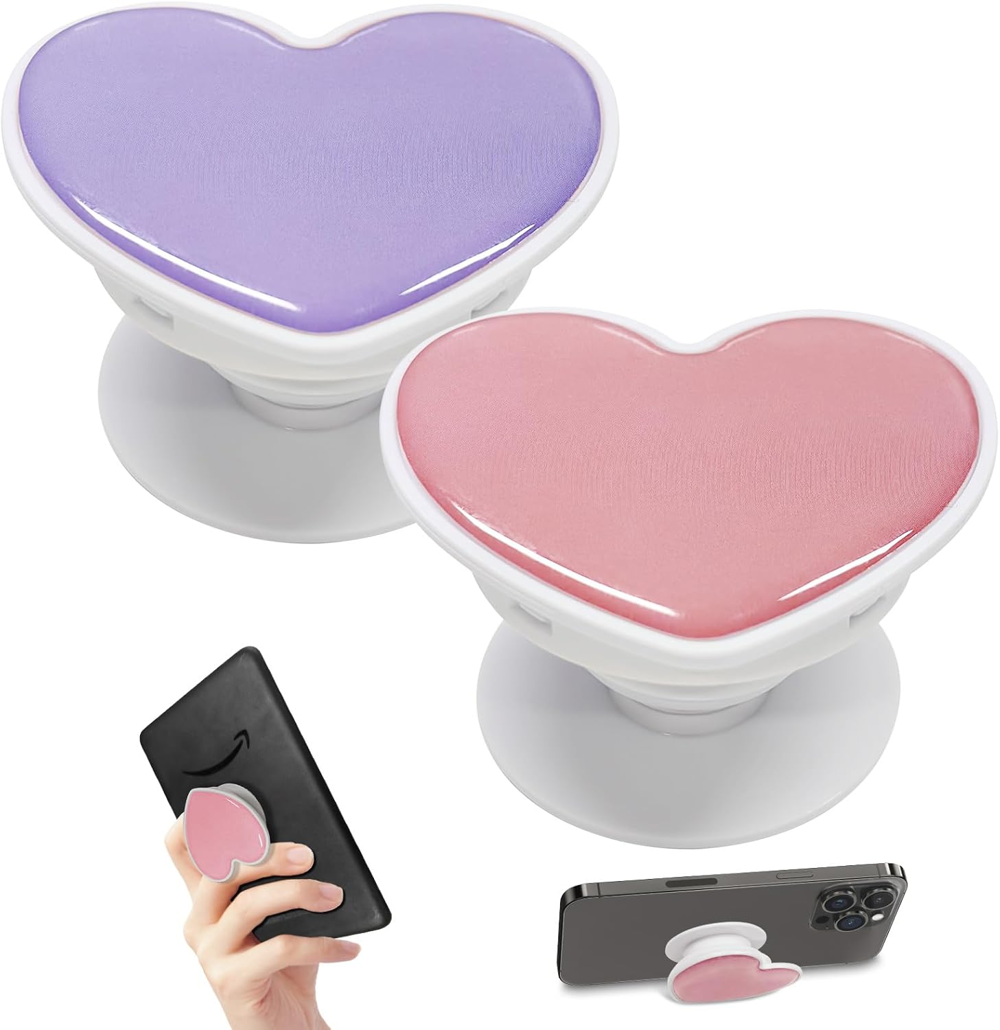T Tersely 2Pack Cell Phone Holder for Kindle, Cute Heart Shape Collapsible Stand Expandable Multi Functional Mobile Phone Grip Stand Holder for Smartphone Tablet Cell Phone Accessory (Black+Pink)