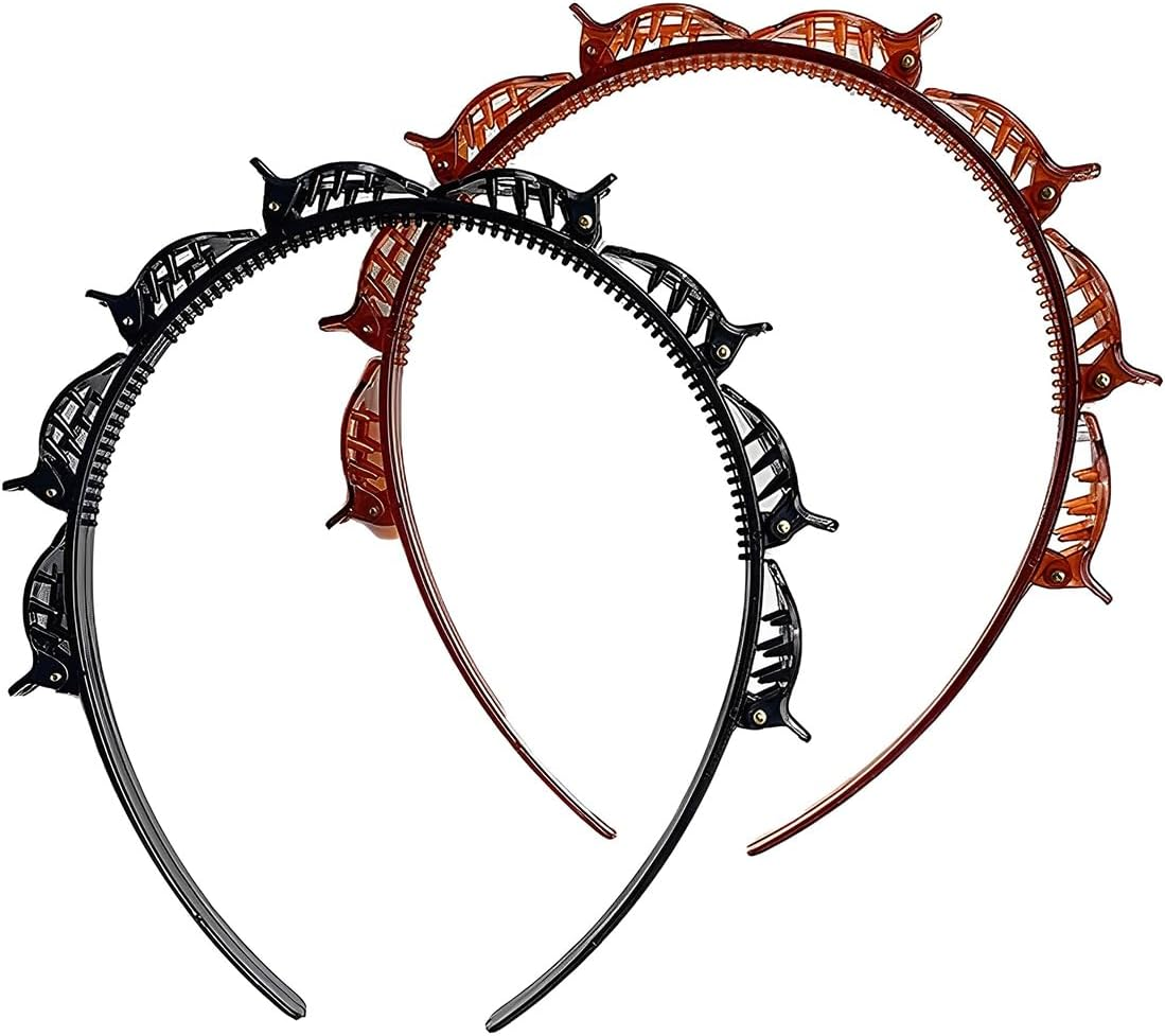 UEAVOID Pack of 2 Hair Bands with Clips Tooth Headband Braid Tool Hairstyle Aid Elegant Headband for Women and Girls (Black and Brown)