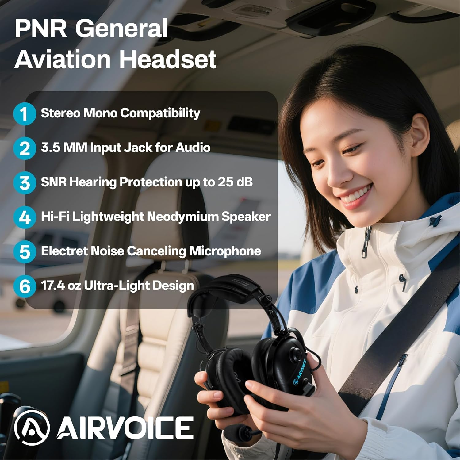 AIRVOICE Aviation Headset for Pilot with Stereo Mono Compatibility and 25 Db Passive Noise Cancellation, PNR General Aviation Headset with Noise Canceling Microphone, Adjustable Headband, Lightweight image number 4