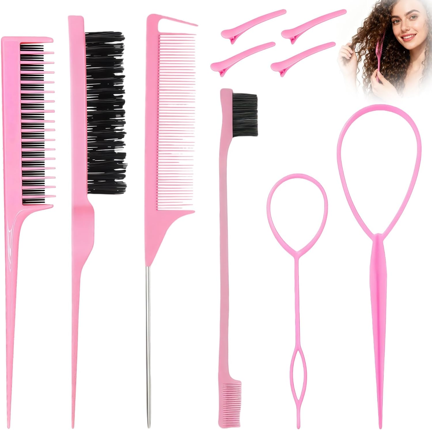 Teccfly 10Pcs Hair Brush Set - Braiding Kit & Hair Supplies,Topsy Tail Hair Tool,Edge&Back&Teasing Brush Rat Tail Comb Styling Tools for Women (Pink)