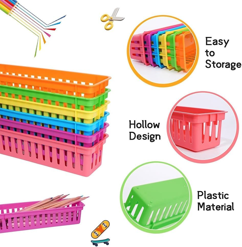 Veumoie 12 Pack Pencil Organizer Basket Trays, Rainbow Colors Desk Storage for Kids, Classroom Supply Holders for School image number 6