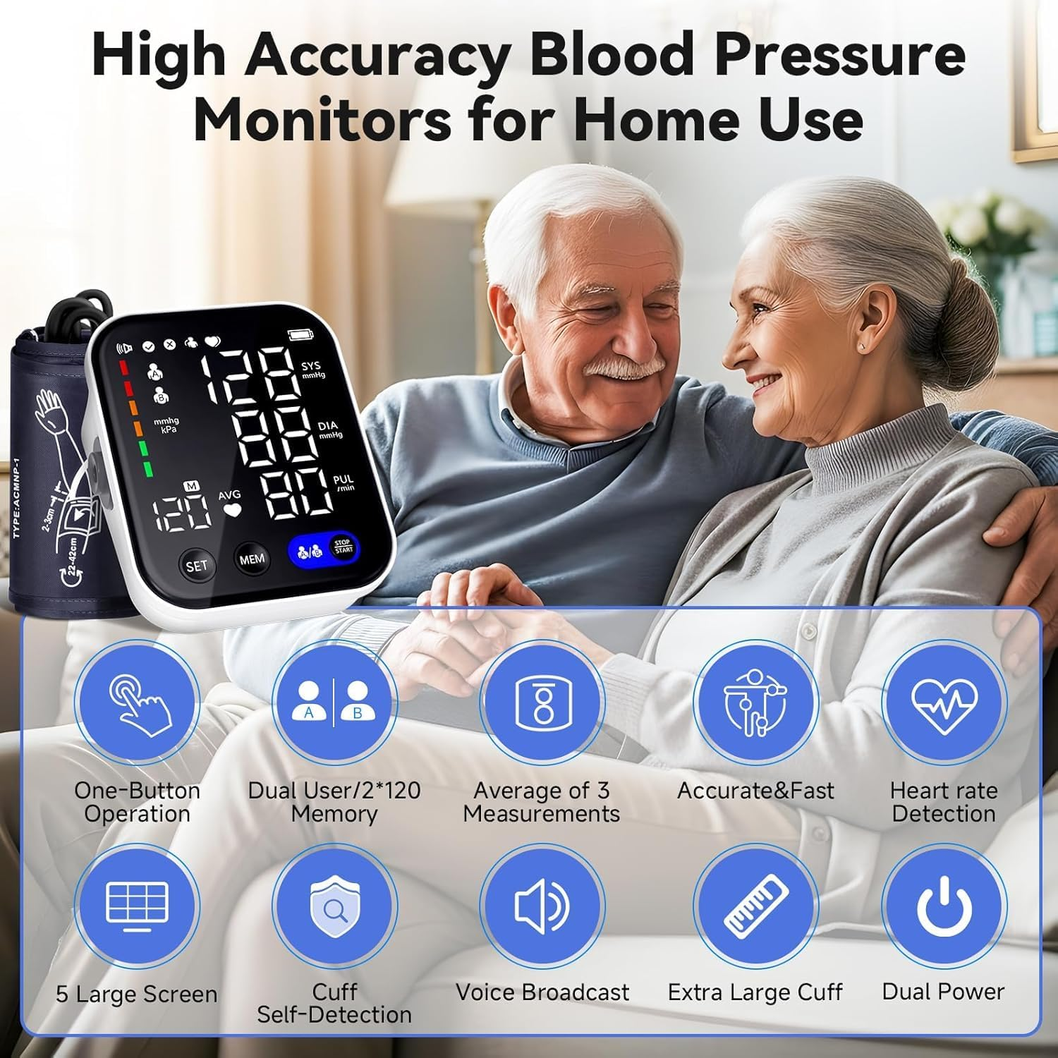 Blood Pressure Monitor, Upper Arm Blood Pressure Monitors for Home Use, Adjustable 8.7"-17" Blood Pressure Cuff, 2-User 2X120 Memory, One Touch Operation, Accurate BP Machine, FSA/HSA Eligible image number 2